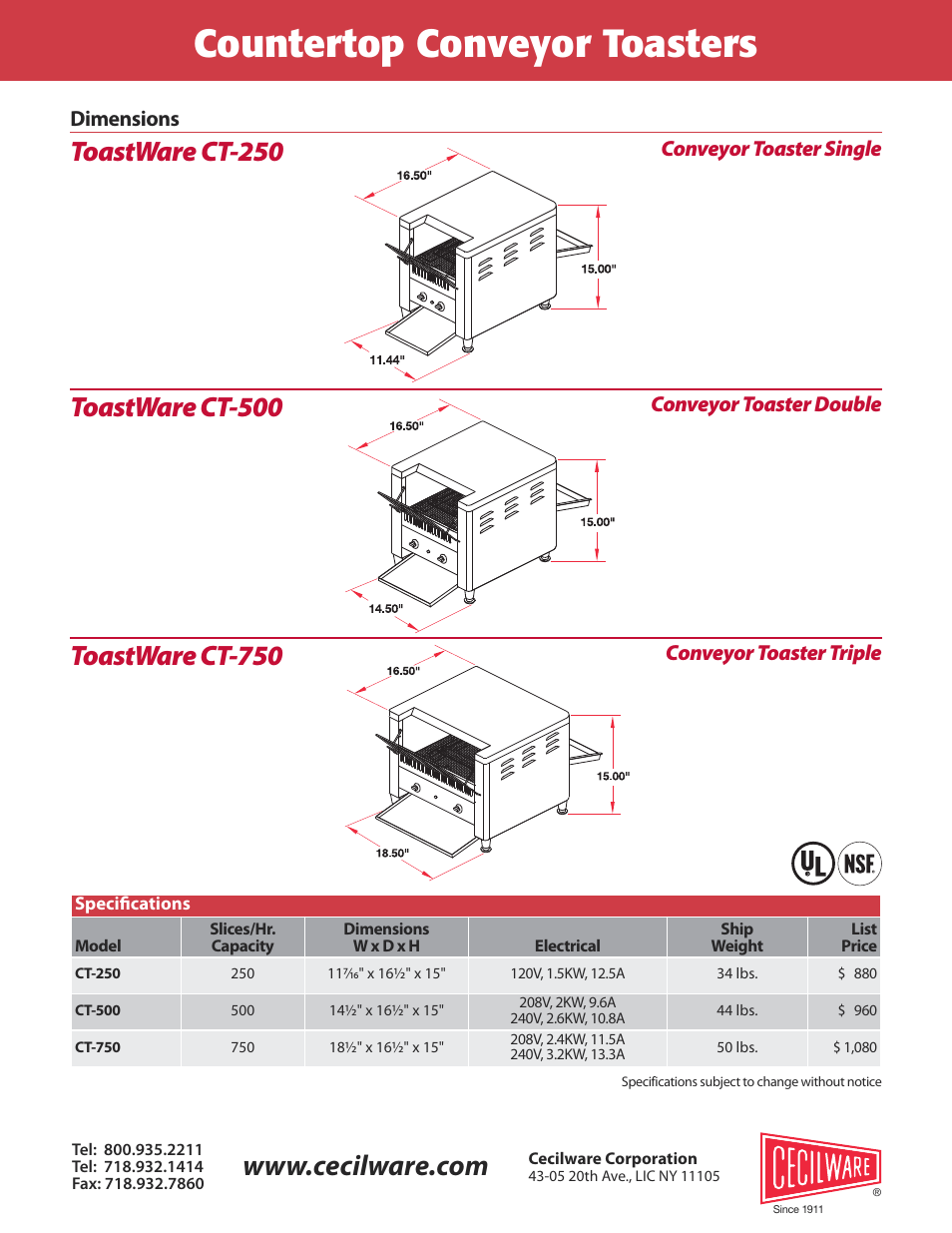 Countertop conveyor toasters, Toastware ct-250 | Cecilware ToastWare Countertop Conveyor Toaster User Manual | Page 2 / 2