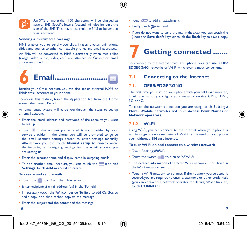 Email, Getting connected | Alcatel Idol 3 6039 H User Manual | Page 10 / 21