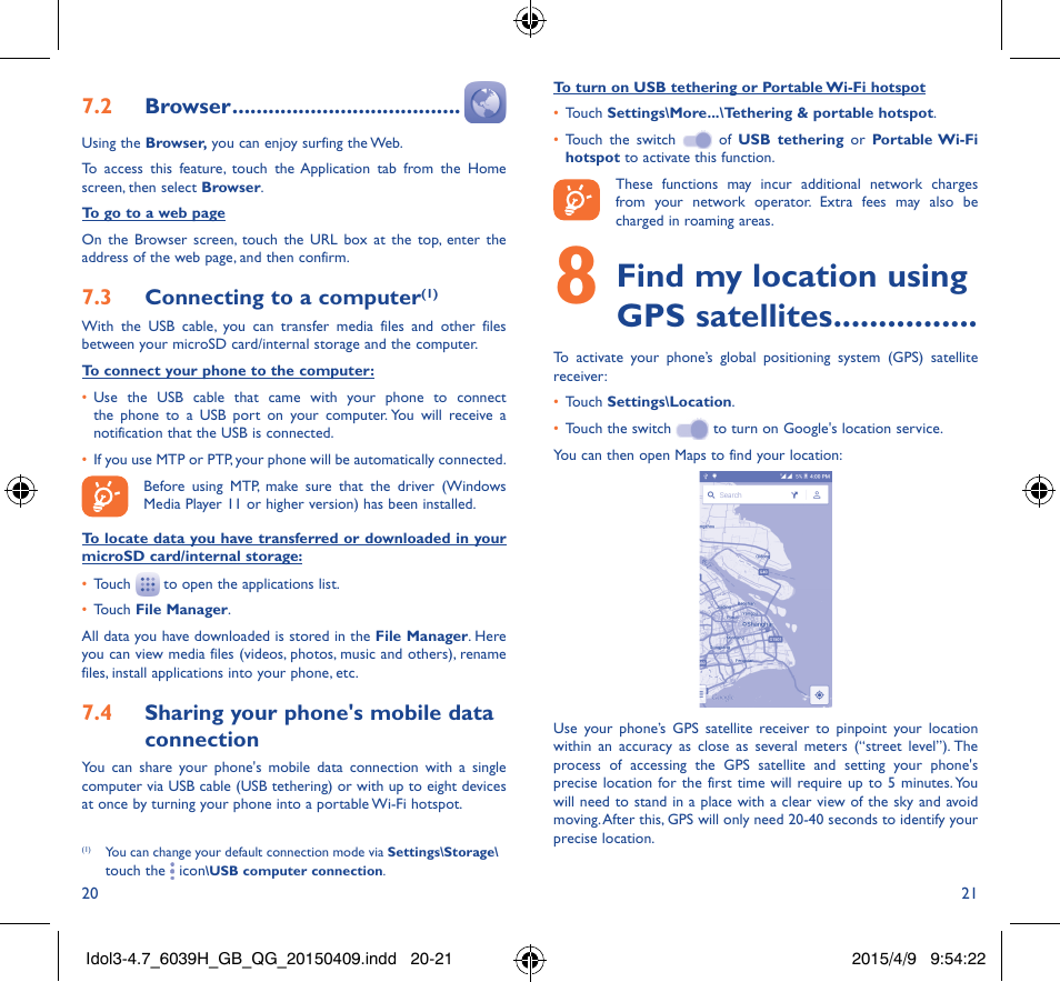 Find my location using gps satellites, 7�2 browser, 7�3 connecting to a computer | 7�4 sharing your phone's mobile data connection | Alcatel Idol 3 6039 H User Manual | Page 11 / 21