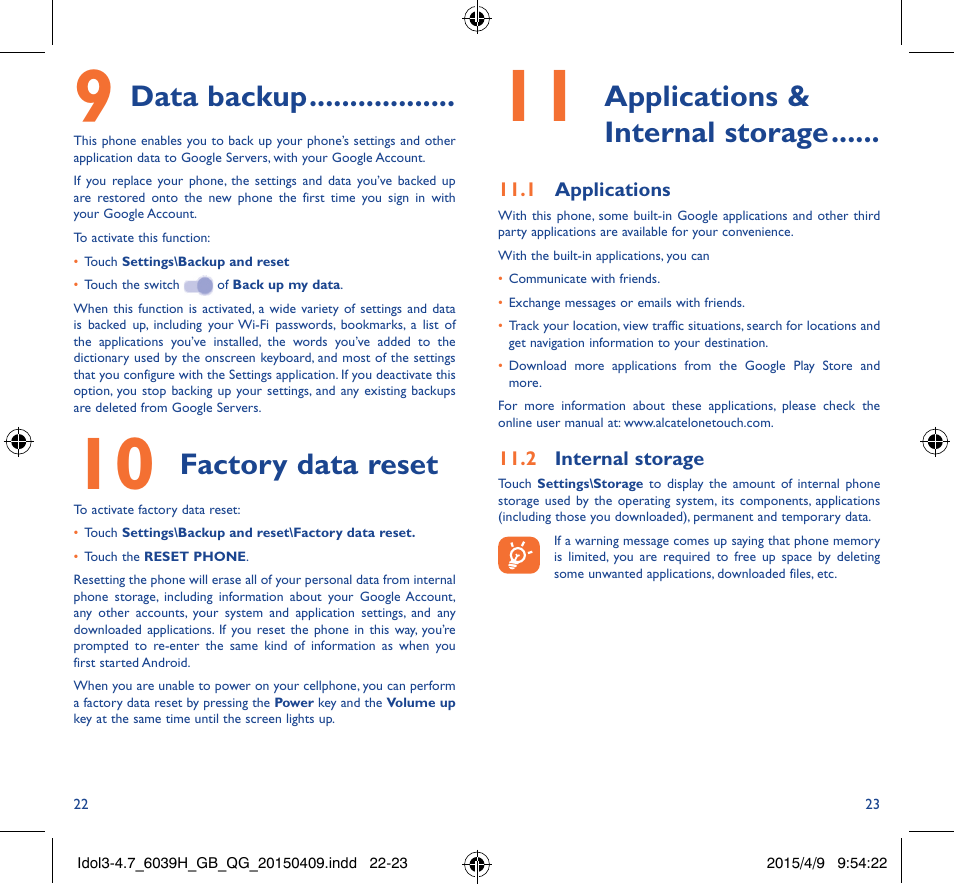 Data backup, Factory data reset, Applications & internal storage | Alcatel Idol 3 6039 H User Manual | Page 12 / 21