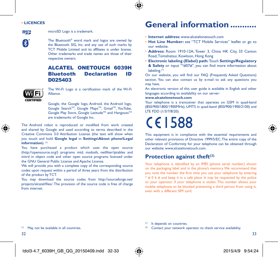 General information, Protection against theft | Alcatel Idol 3 6039 H User Manual | Page 17 / 21