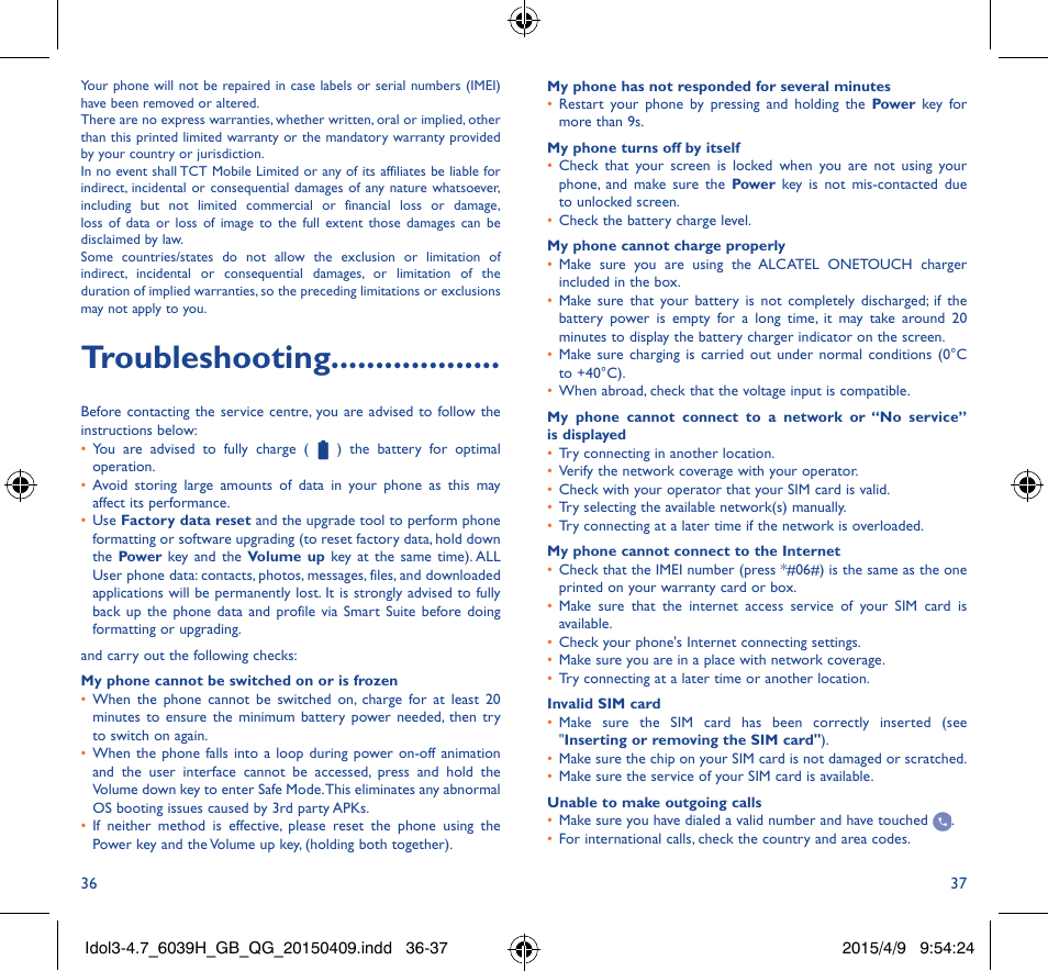 Troubleshooting | Alcatel Idol 3 6039 H User Manual | Page 19 / 21