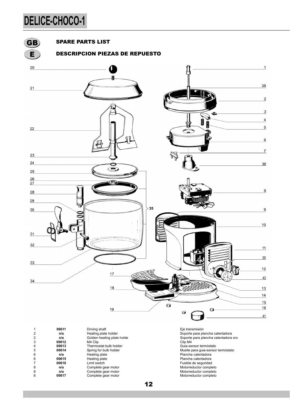 Delice-choco-1, Spare parts list descripcion piezas de repuesto | Cecilware DELICE NS18A User Manual | Page 12 / 16