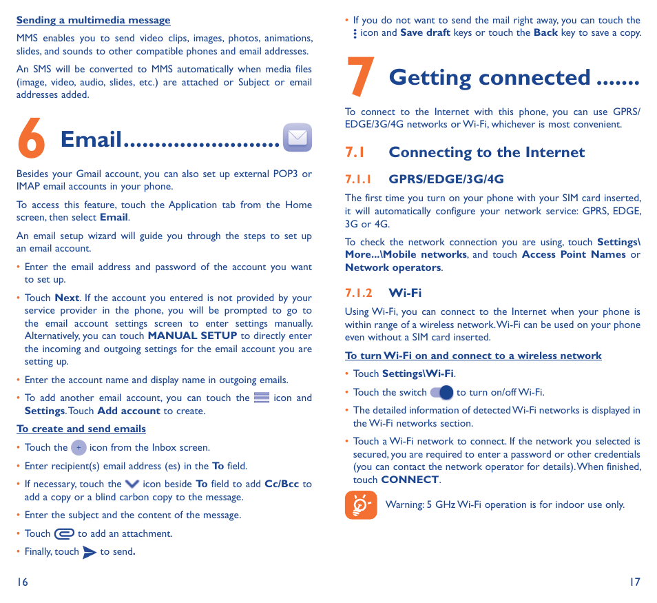 6 email, 7 getting connected, Email | Getting connected, 7�1 connecting to the internet | Alcatel Idol 3 6045К User Manual | Page 10 / 21
