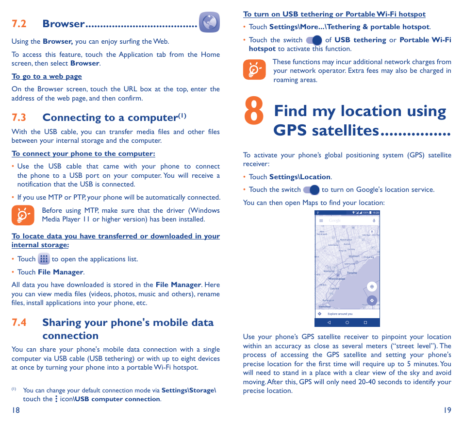 8 find my location using gps satellites, Find my location using gps satellites, 7�2 browser | 7�3 connecting to a computer, 7�4 sharing your phone's mobile data connection | Alcatel Idol 3 6045К User Manual | Page 11 / 21