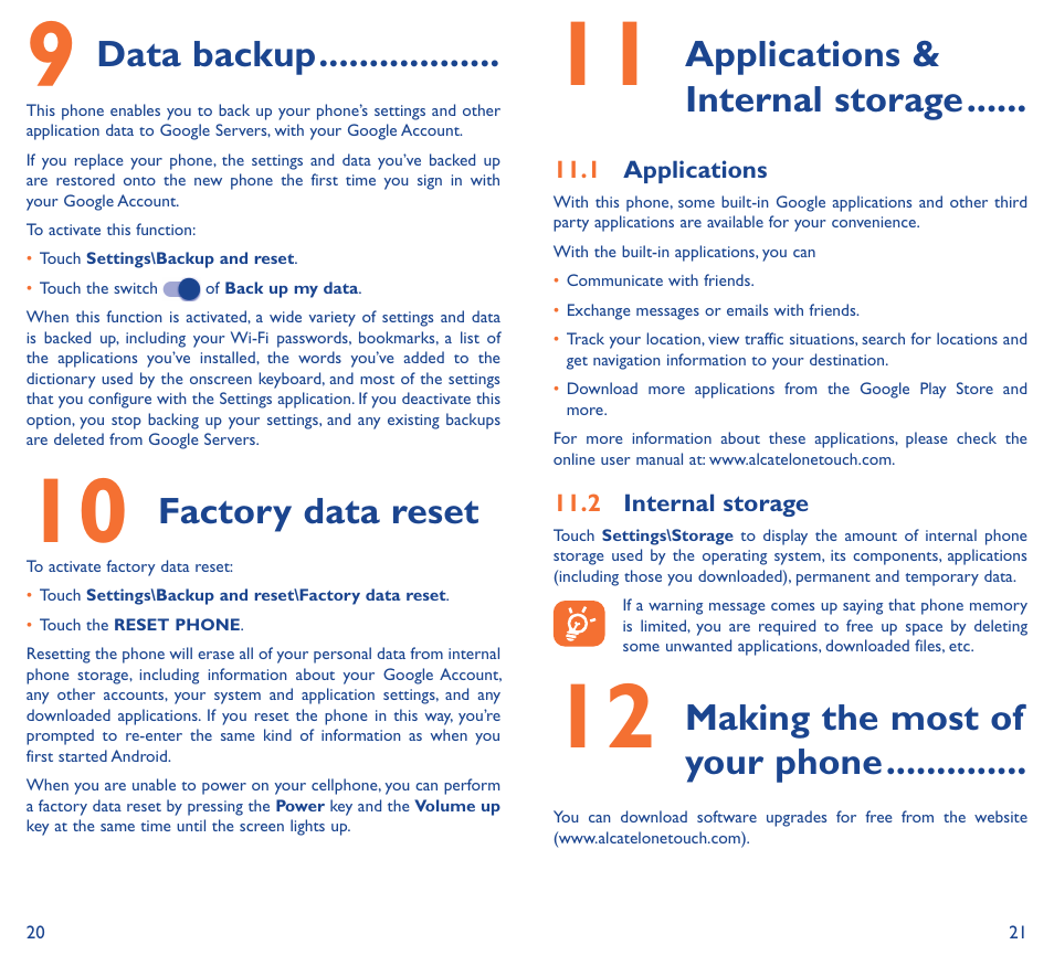9 data backup, 10 factory data reset, 11 applications & internal storage | 12 making the most of your phone, Data backup, Factory data reset, Applications & internal storage, Making the most of your phone | Alcatel Idol 3 6045К User Manual | Page 12 / 21