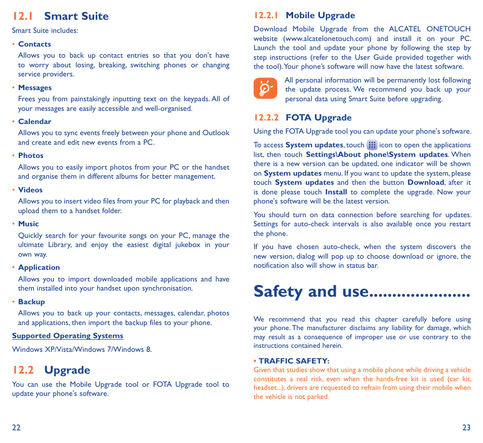 Safety and use, 12�1 smart suite, 12�2 upgrade | Alcatel Idol 3 6045К User Manual | Page 13 / 21