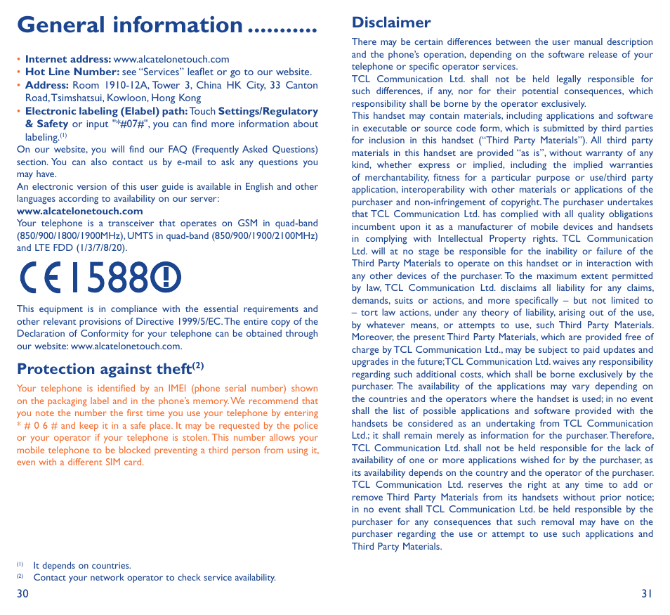 General information, Protection against theft, Disclaimer | Alcatel Idol 3 6045К User Manual | Page 17 / 21