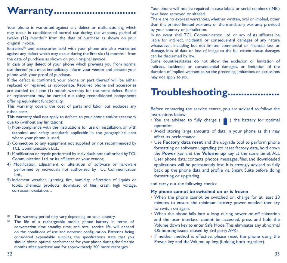 Warranty, Troubleshooting | Alcatel Idol 3 6045К User Manual | Page 18 / 21