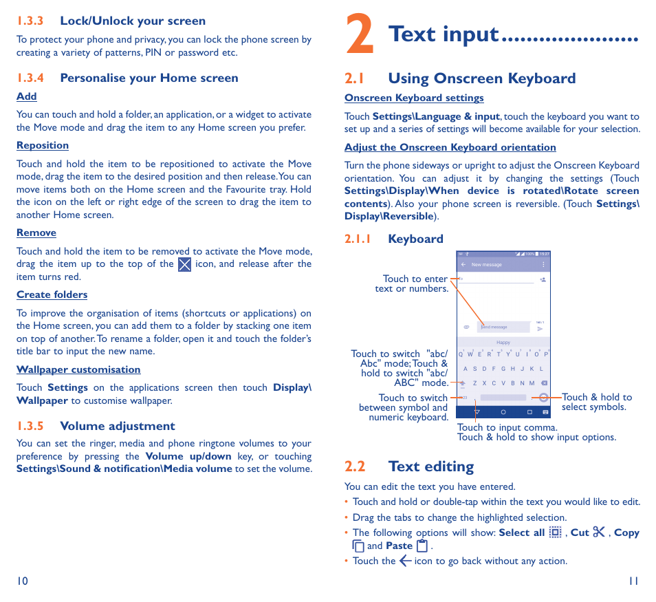 2 text input, Text input, 2�1 using onscreen keyboard | 2�2 text editing | Alcatel Idol 3 6045К User Manual | Page 7 / 21