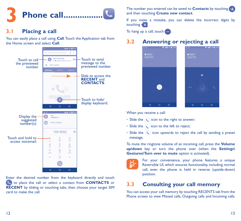 3 phone call, Phone call, 3�1 placing a call | 3�2 answering or rejecting a call | Alcatel Idol 3 6045К User Manual | Page 8 / 21