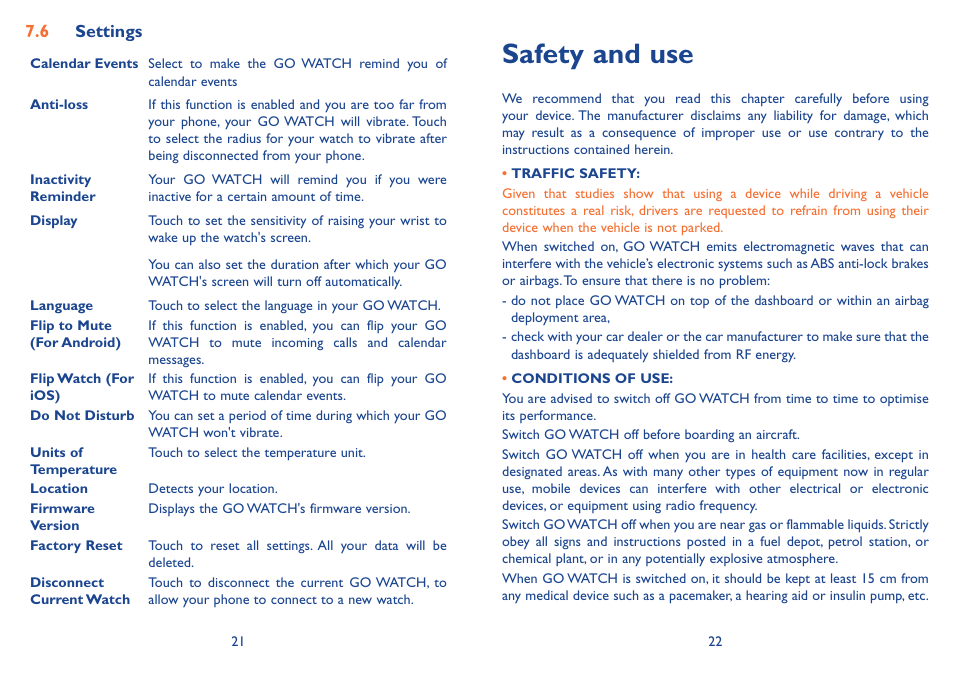 Safety and use | Alcatel Go Watch SM 03 User Manual | Page 14 / 24