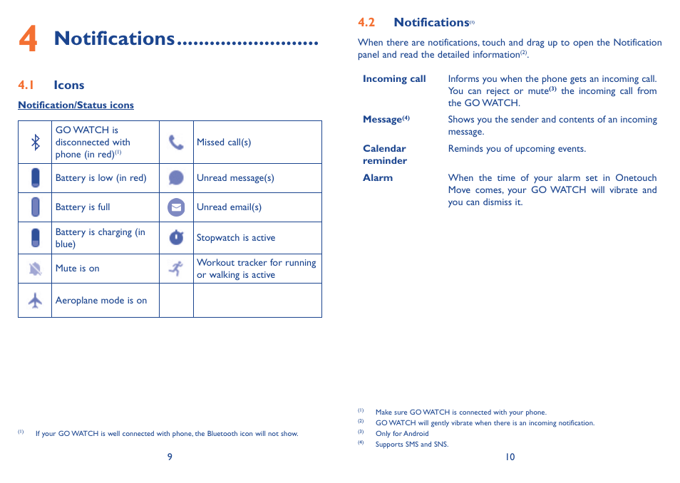Notifications, 4�1 icons, 4�2 notifications | Alcatel Go Watch SM 03 User Manual | Page 8 / 24
