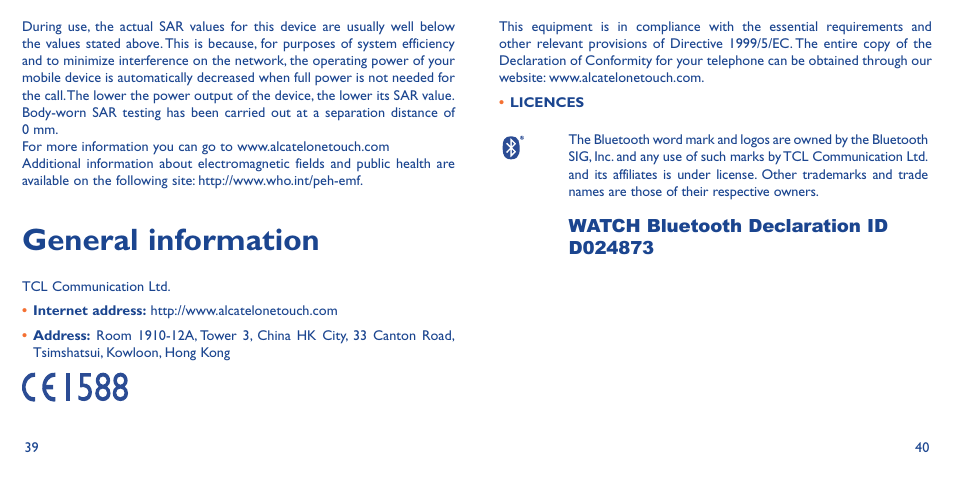 General information | Alcatel Watch SM 02 User Manual | Page 24 / 29