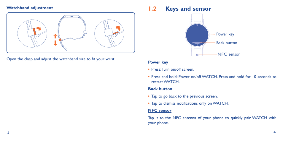 1�2 keys and sensor | Alcatel Watch SM 02 User Manual | Page 6 / 29