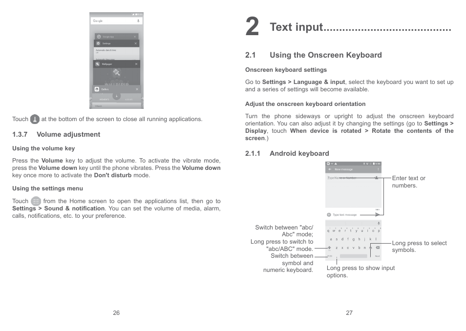 2 text input, 1 using the onscreen keyboard, Text input | Alcatel Shine Lite 5080X User Manual | Page 15 / 53