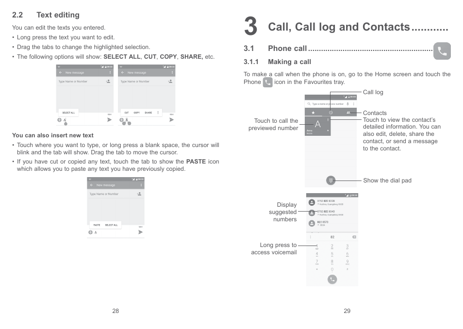 2 text editing, 3 call, call log and contacts, 1 phone call | 3 call, call log and contacts, Call, call log and contacts | Alcatel Shine Lite 5080X User Manual | Page 16 / 53