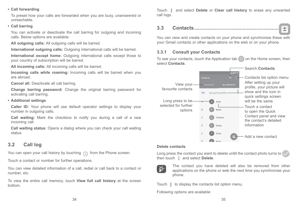 2 call log, 3 contacts, 2 call log 3.3 contacts | Alcatel Shine Lite 5080X User Manual | Page 19 / 53