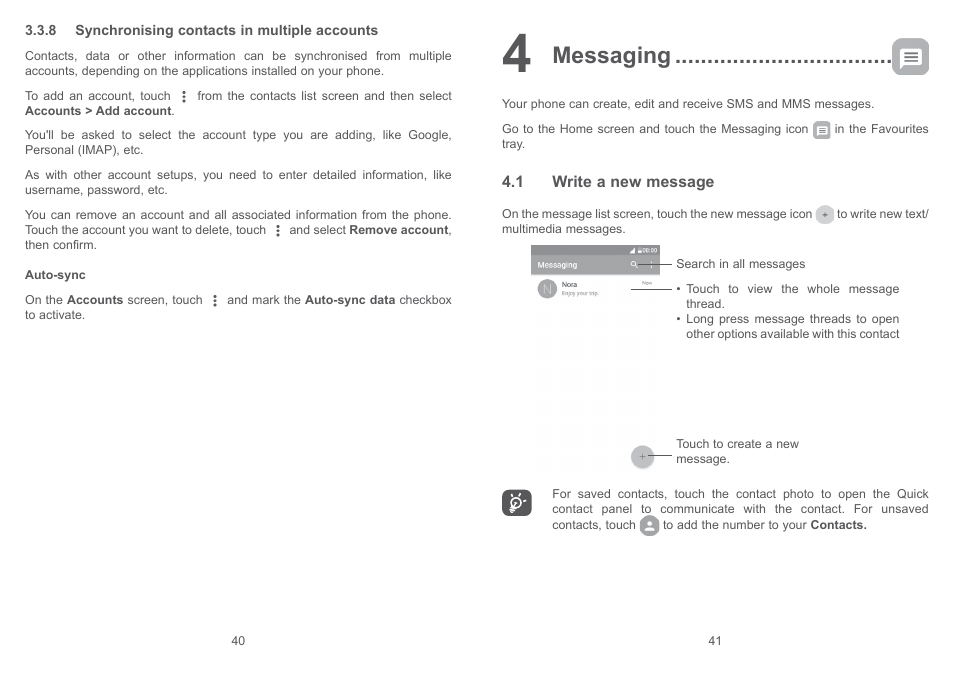 4 messaging, 1 write a new message, Messaging | Alcatel Shine Lite 5080X User Manual | Page 22 / 53