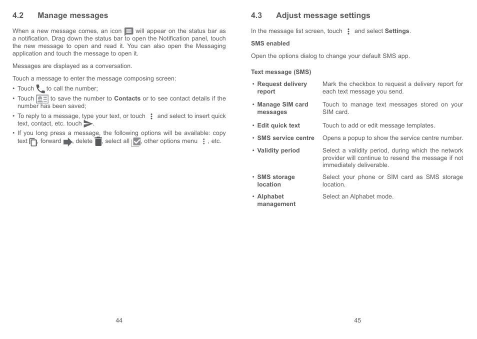 2 manage messages, 3 adjust message settings, 2 manage messages 4.3 adjust message settings | Alcatel Shine Lite 5080X User Manual | Page 24 / 53