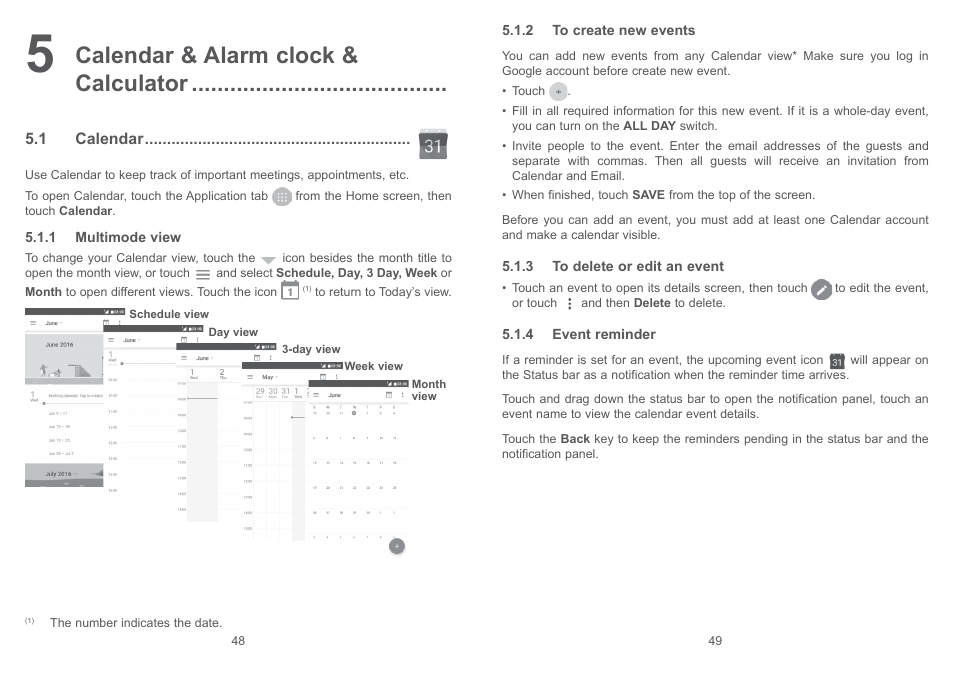 5 calendar & alarm clock & calculator, 1 calendar, 5 calendar & alarm clock & calculator | Calendar & alarm clock & calculator | Alcatel Shine Lite 5080X User Manual | Page 26 / 53