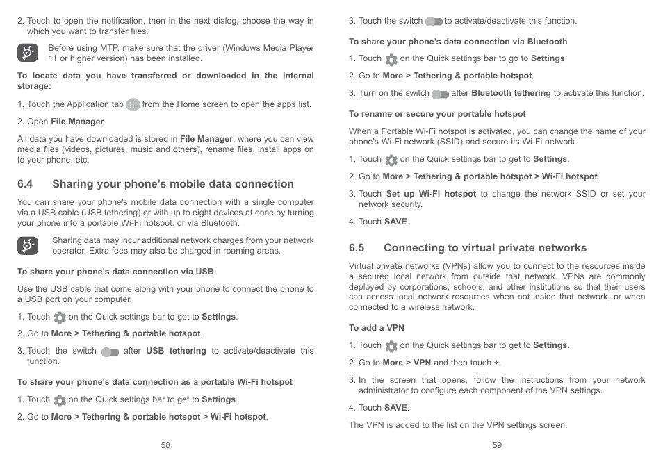 4 sharing your phone's mobile data connection, 5 connecting to virtual private networks | Alcatel Shine Lite 5080X User Manual | Page 31 / 53