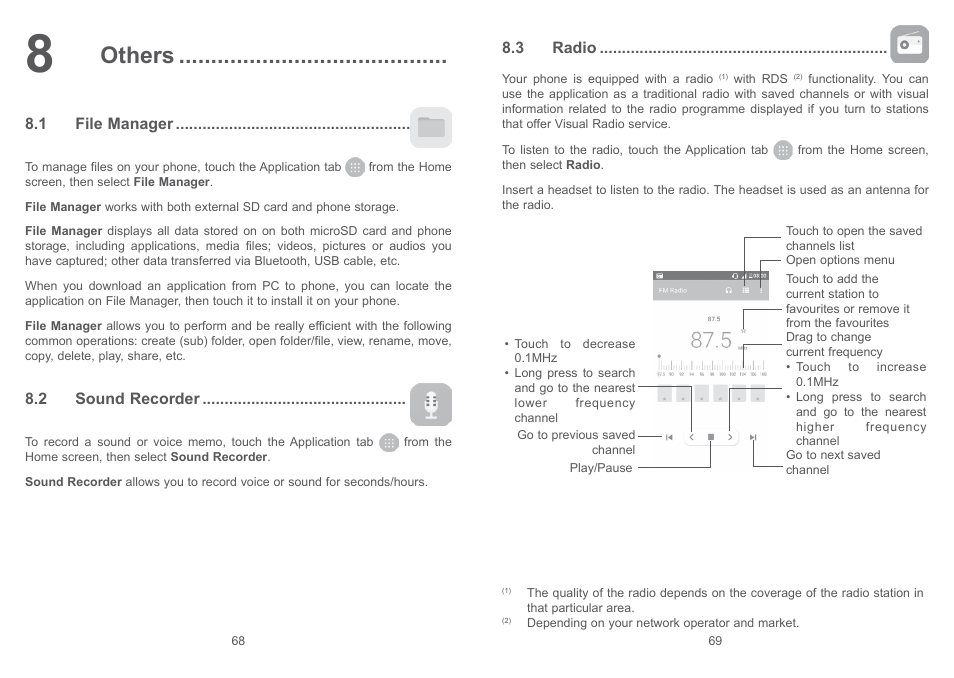 8 others, 1 file manager, 2 sound recorder | 3 radio, 1 file manager 8.2 sound recorder 8.3 radio, Others | Alcatel Shine Lite 5080X User Manual | Page 36 / 53