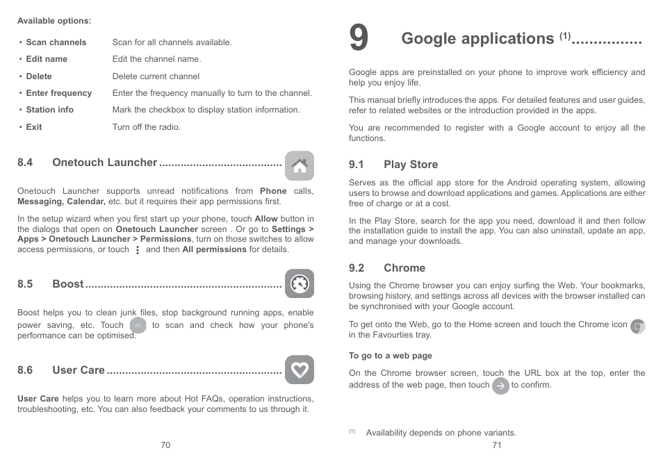 4 onetouch launcher, 5 boost, 6 user care | 9 google applications, 1 play store, 2 chrome, 4 onetouch launcher 8.5 boost 8.6 user care, 1 play store 9.2 chrome, Google applications | Alcatel Shine Lite 5080X User Manual | Page 37 / 53