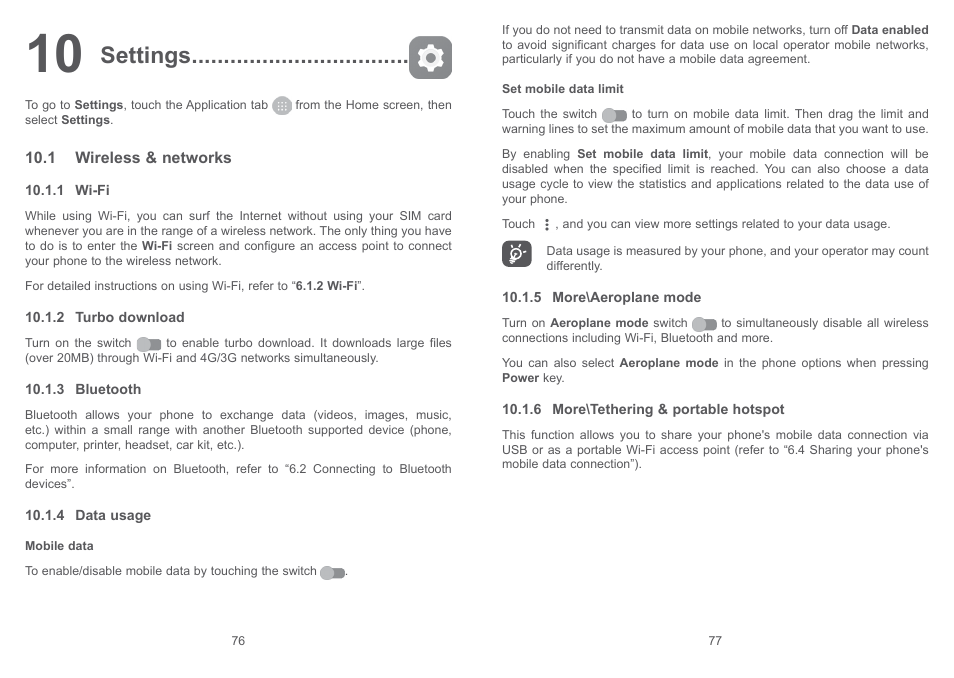 10 settings, 1 wireless & networks, Settings | Alcatel Shine Lite 5080X User Manual | Page 40 / 53