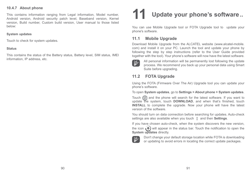 11 update your phone’s software, 1 mobile upgrade, 2 fota upgrade | 1 mobile upgrade 11.2 fota upgrade, Update your phone’s software | Alcatel Shine Lite 5080X User Manual | Page 47 / 53