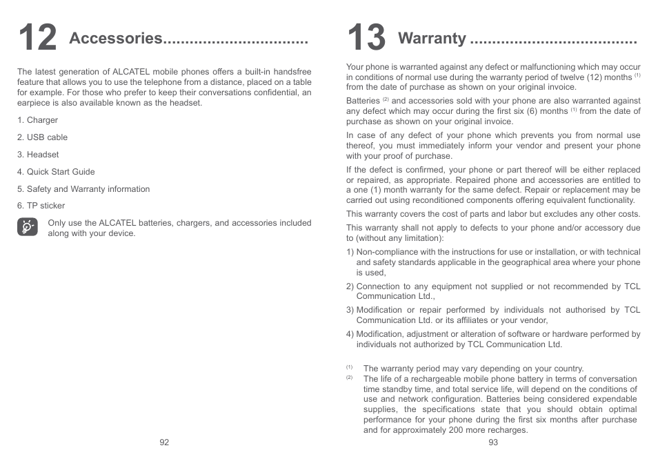 12 accessories, 13 warranty, 12 accessories 13 warranty | Accessories, Warranty | Alcatel Shine Lite 5080X User Manual | Page 48 / 53