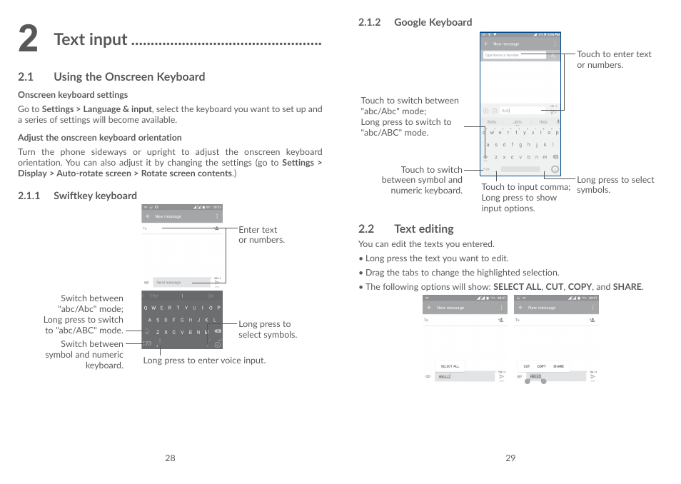 2 text input, 1 using the onscreen keyboard, 2 text editing | Using the onscreen keyboard, Text editing, Text input | Alcatel POP 4 Plus 5056D User Manual | Page 16 / 52