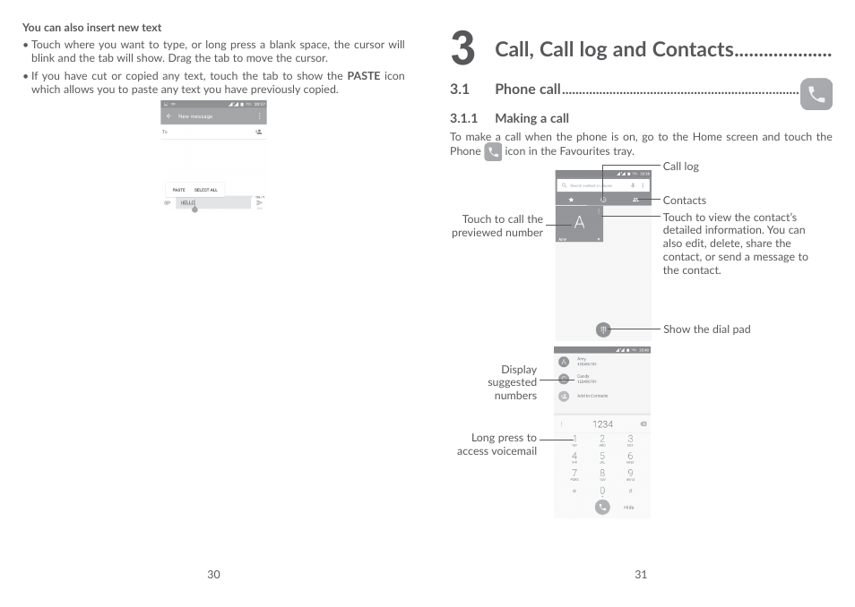 3 call, call log and contacts, 1 phone call, 3 call, call log and contacts | Phone call, Call, call log and contacts | Alcatel POP 4 Plus 5056D User Manual | Page 17 / 52