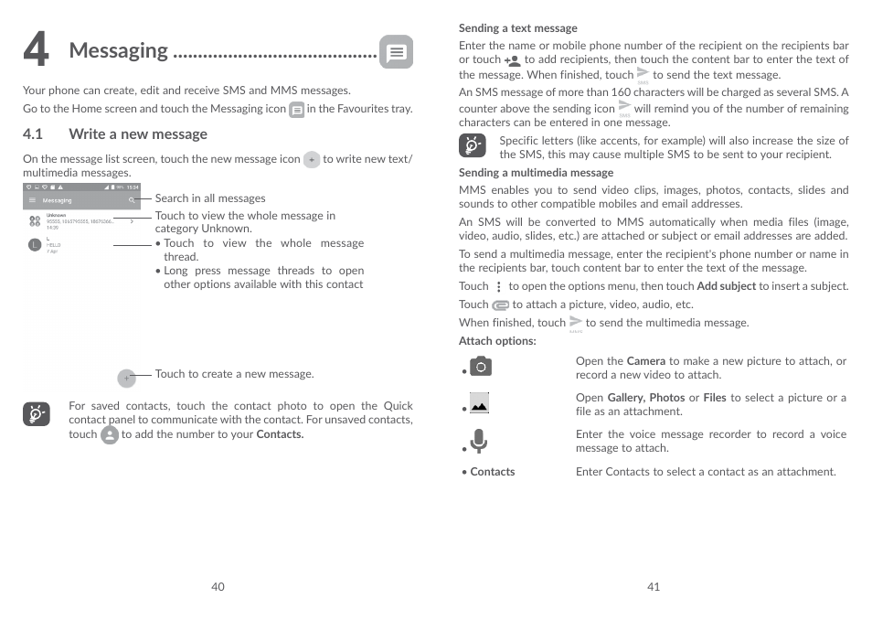 4 messaging, 1 write a new message, Write a new message | Messaging | Alcatel POP 4 Plus 5056D User Manual | Page 22 / 52