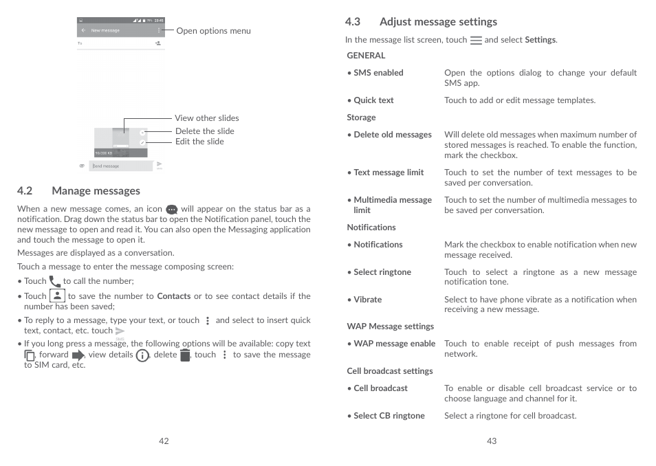 2 manage messages, 3 adjust message settings, Manage messages | Adjust message settings | Alcatel POP 4 Plus 5056D User Manual | Page 23 / 52