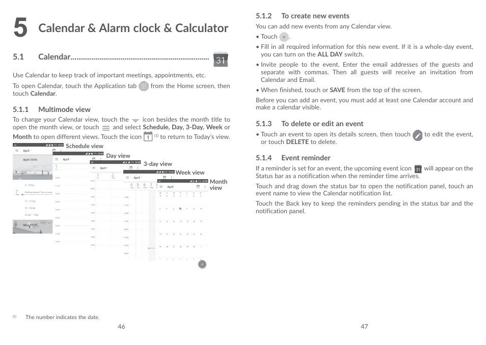 5 calendar & alarm clock & calculator, 1 calendar, 5 calendar & alarm clock & calculator | Calendar & alarm clock & calculator | Alcatel POP 4 Plus 5056D User Manual | Page 25 / 52