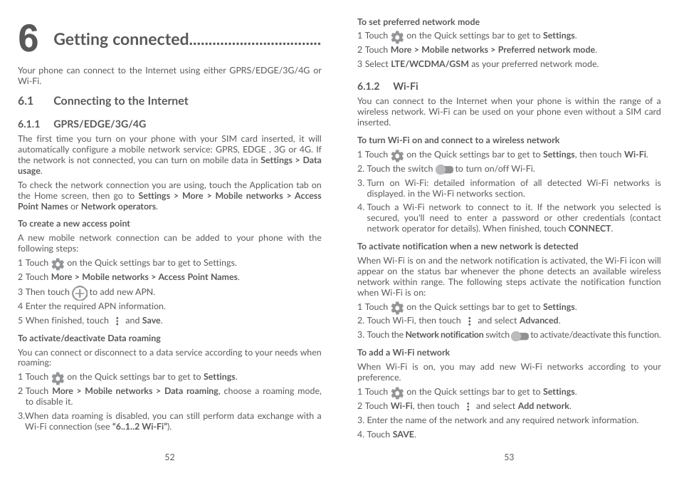 6 getting connected, 1 connecting to the internet, Connecting to the internet | Getting connected | Alcatel POP 4 Plus 5056D User Manual | Page 28 / 52