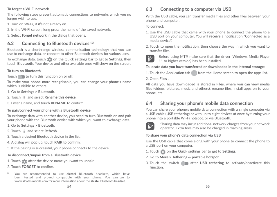 2 connecting to bluetooth devices, 3 connecting to a computer via usb, 4 sharing your phone's mobile data connection | Connecting to bluetooth devices, Connecting to a computer via usb, Sharing your phone's mobile data connection | Alcatel POP 4 Plus 5056D User Manual | Page 29 / 52