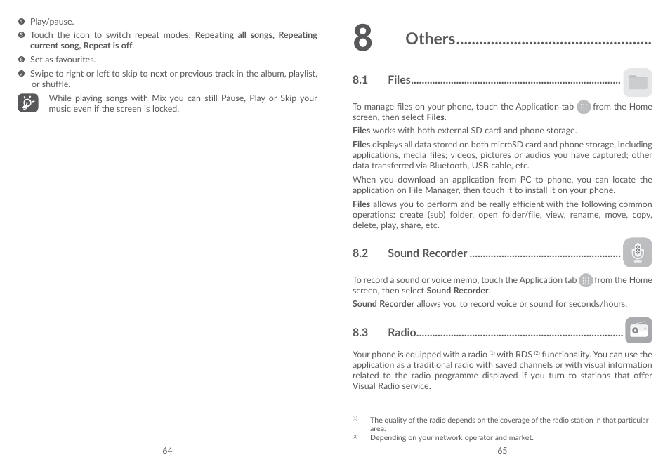 8 others, 1 files, 2 sound recorder | 3 radio, 1 files 8.2, Sound recorder, Others | Alcatel POP 4 Plus 5056D User Manual | Page 34 / 52