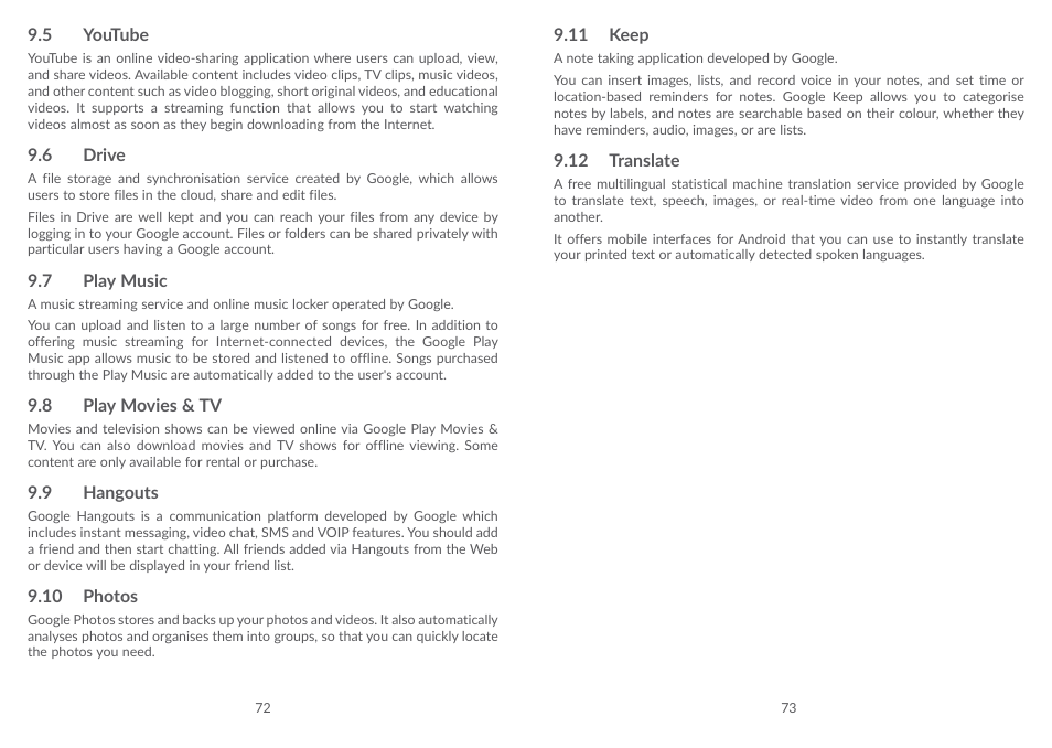 5 youtube, 6 drive, 7 play music | 8 play movies & tv, 9 hangouts, 10 photos, 11 keep, 12 translate, 5 youtube 9.6 drive 9.7, Play music | Alcatel POP 4 Plus 5056D User Manual | Page 38 / 52