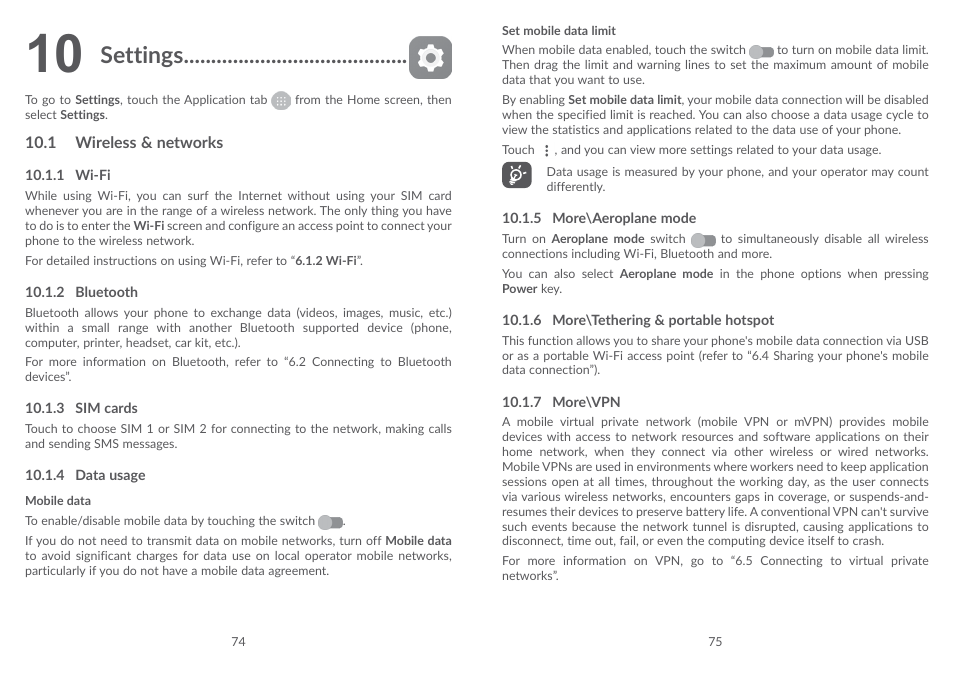 10 settings, 1 wireless & networks, Wireless & networks | Settings | Alcatel POP 4 Plus 5056D User Manual | Page 39 / 52