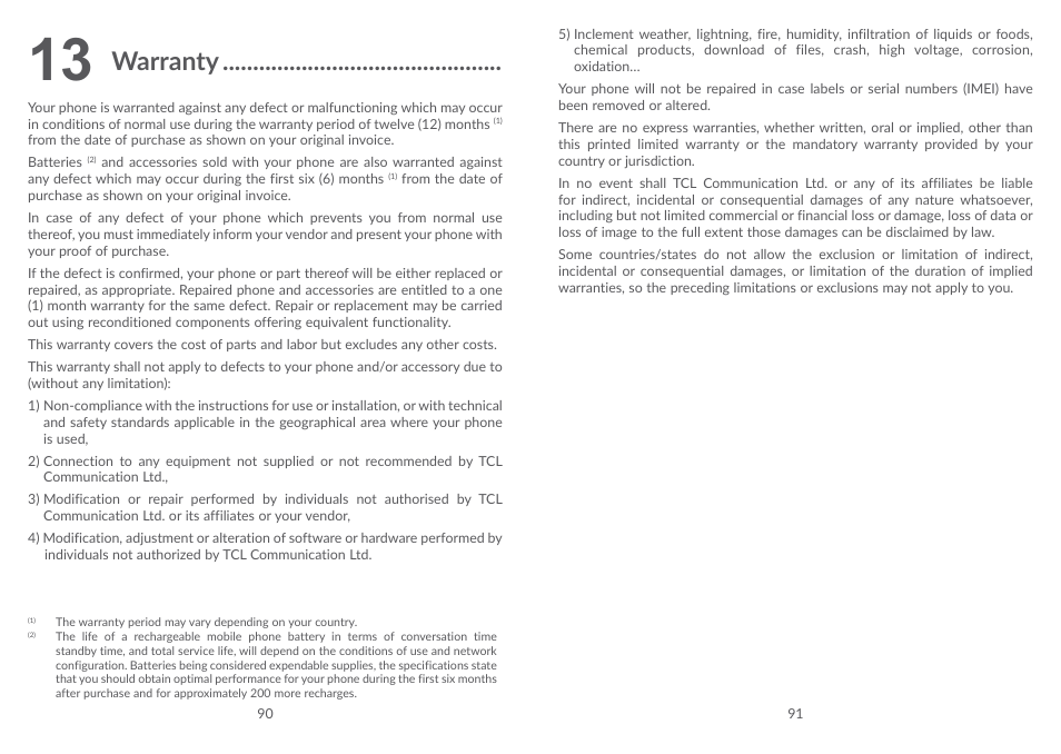13 warranty, Warranty | Alcatel POP 4 Plus 5056D User Manual | Page 47 / 52