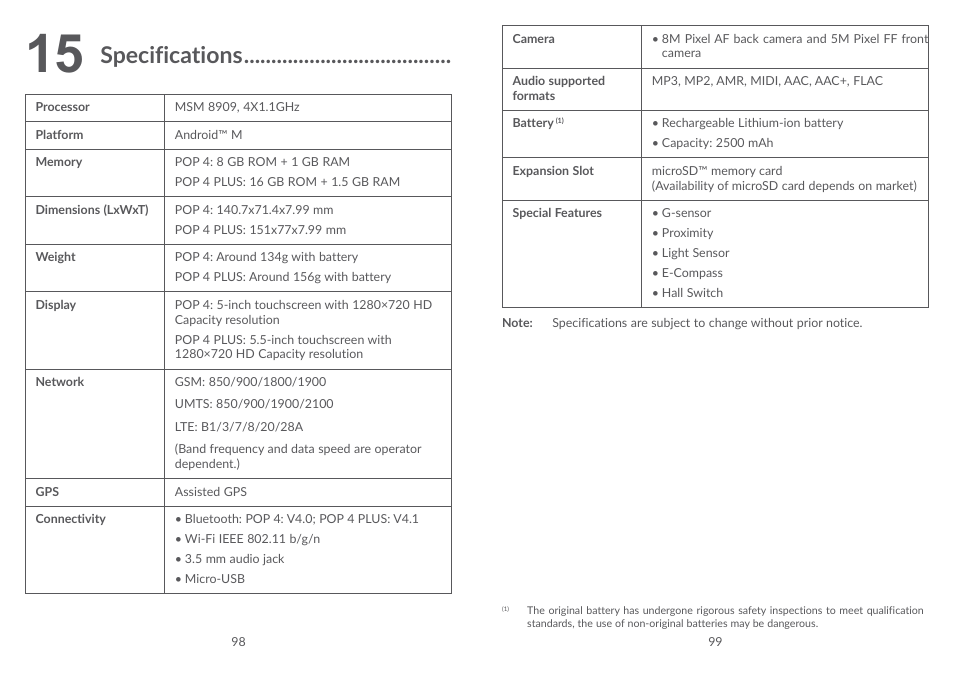15 specifications, Specifications | Alcatel POP 4 Plus 5056D User Manual | Page 51 / 52