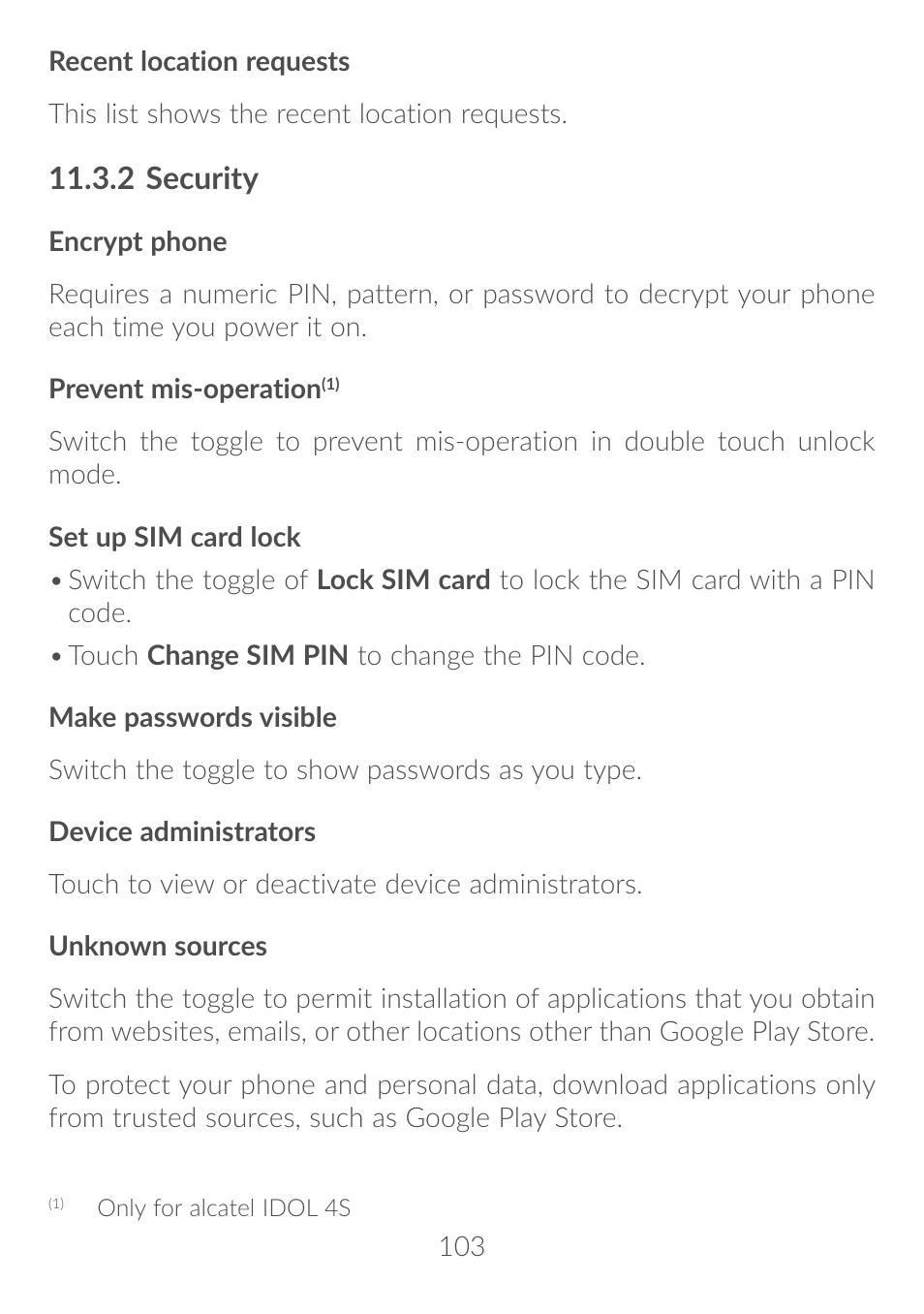 11�3�2 security | Alcatel Idol 4S 6070K User Manual | Page 104 / 137