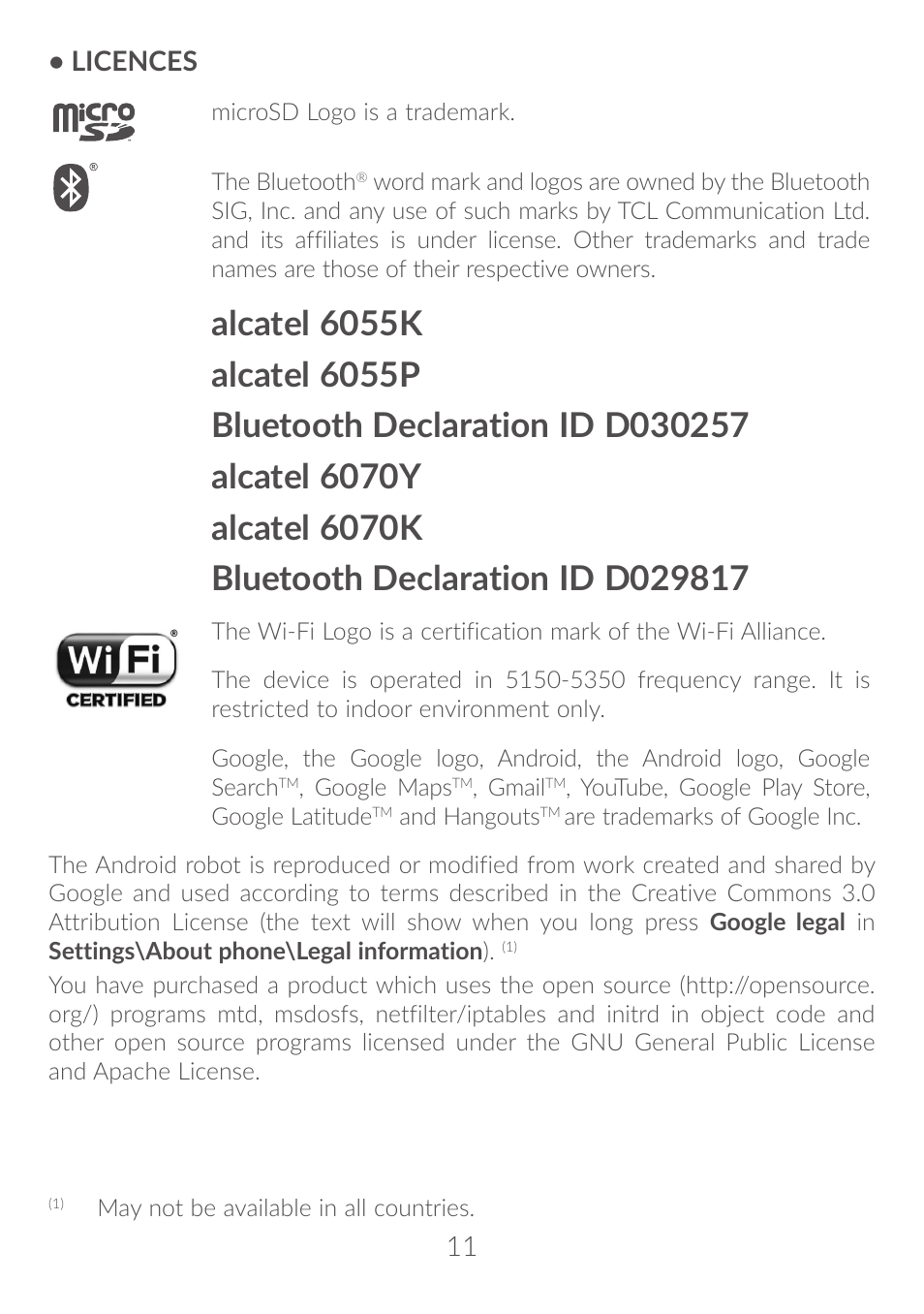 11 • licences | Alcatel Idol 4S 6070K User Manual | Page 12 / 137