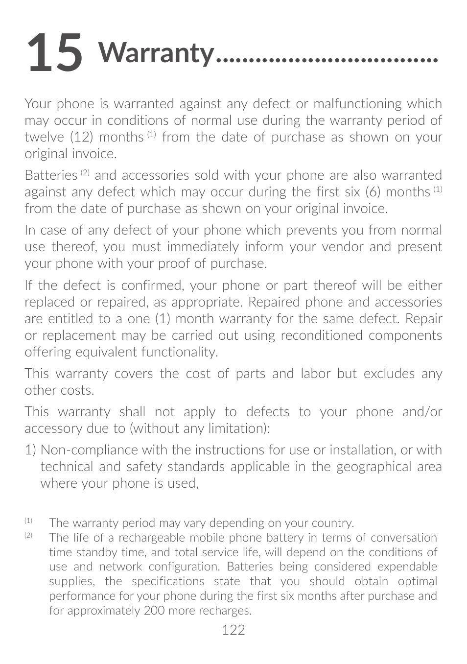 15 warranty, Warranty | Alcatel Idol 4S 6070K User Manual | Page 123 / 137