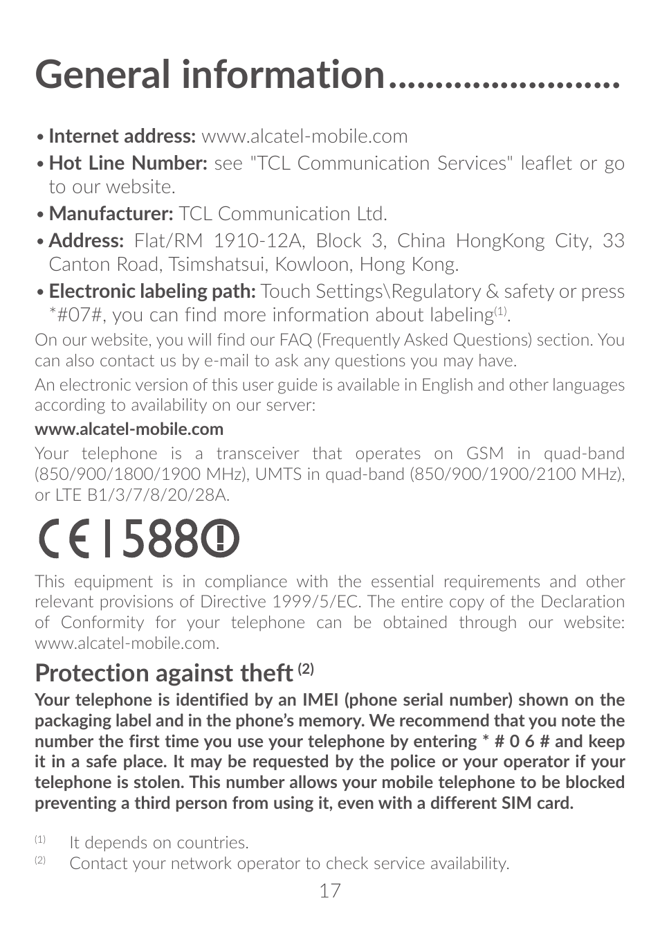 General information, Protection against theft | Alcatel Idol 4S 6070K User Manual | Page 18 / 137