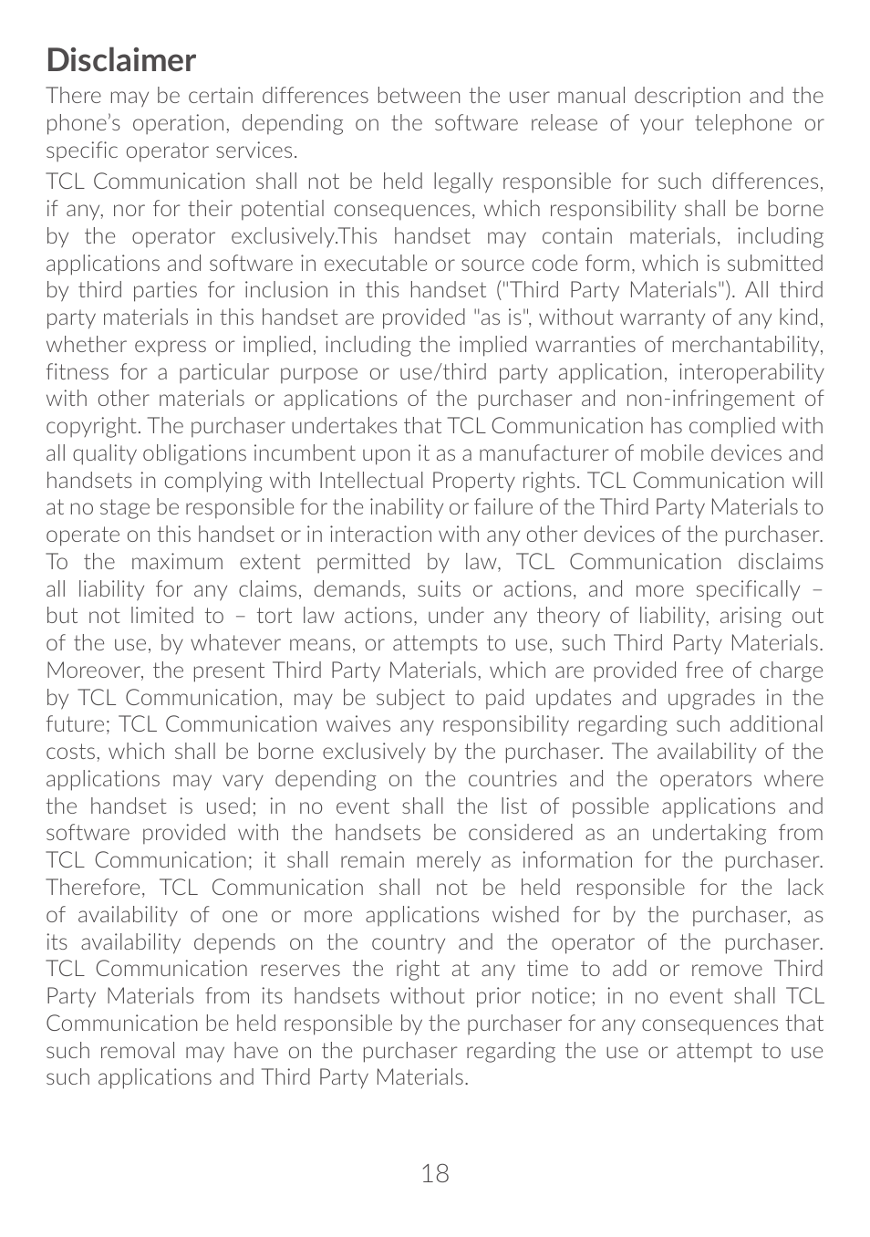 Disclaimer | Alcatel Idol 4S 6070K User Manual | Page 19 / 137