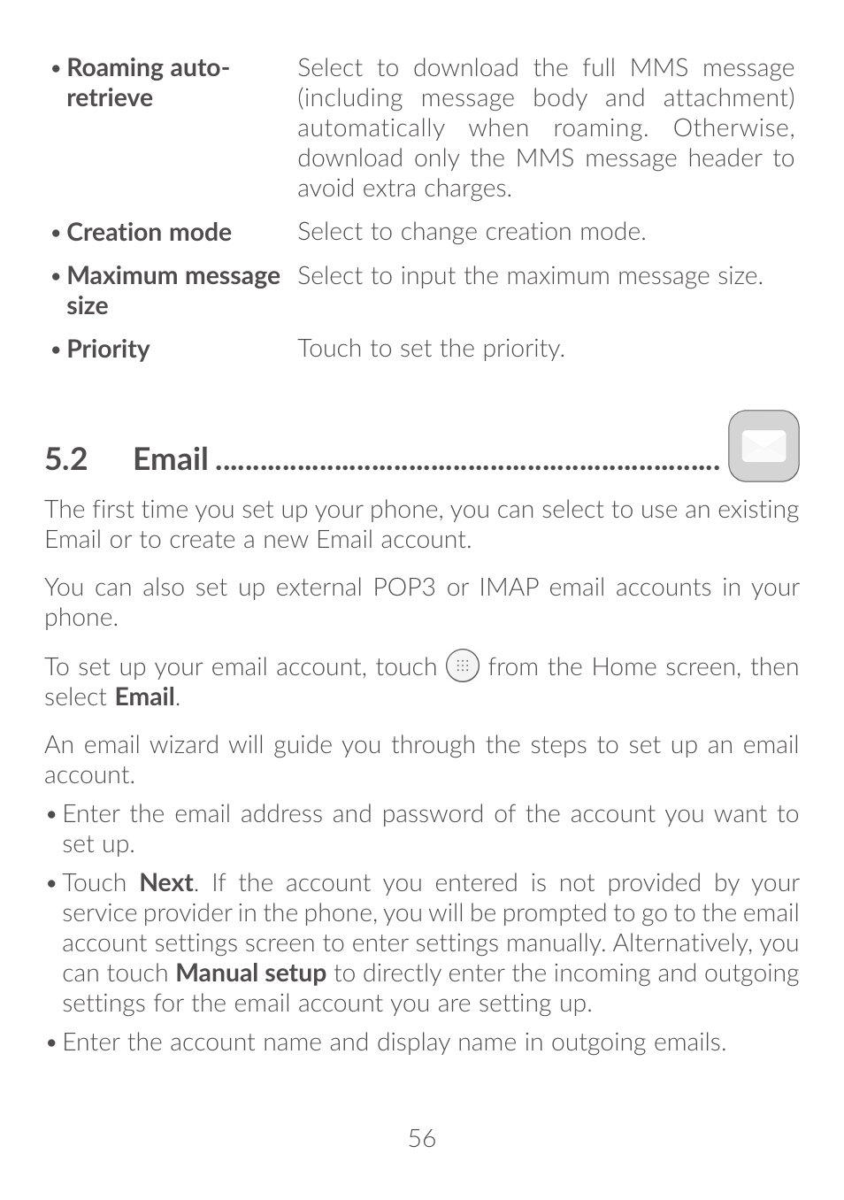2 email, 5�2 email | Alcatel Idol 4S 6070K User Manual | Page 57 / 137