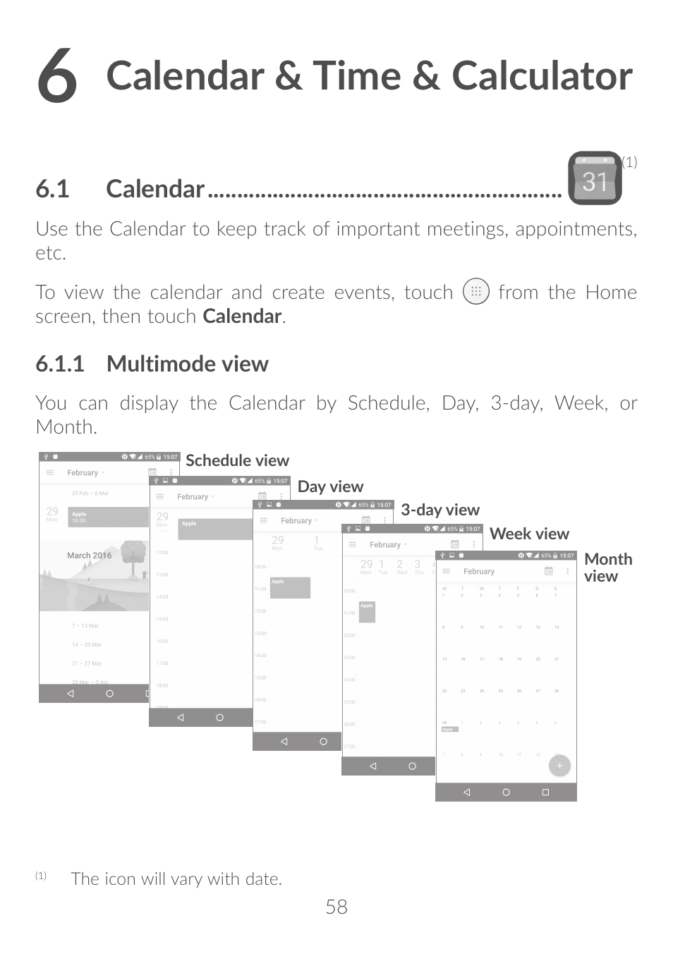 6 calendar & time & calculator, 1 calendar, Calendar & time & calculator | 6�1 calendar | Alcatel Idol 4S 6070K User Manual | Page 59 / 137